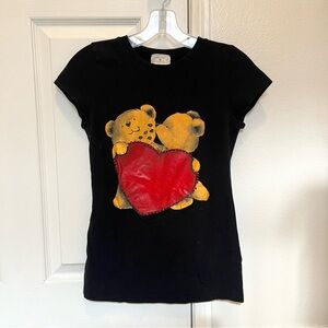 Y2k Black Baby Tee with Bear and Heart Design